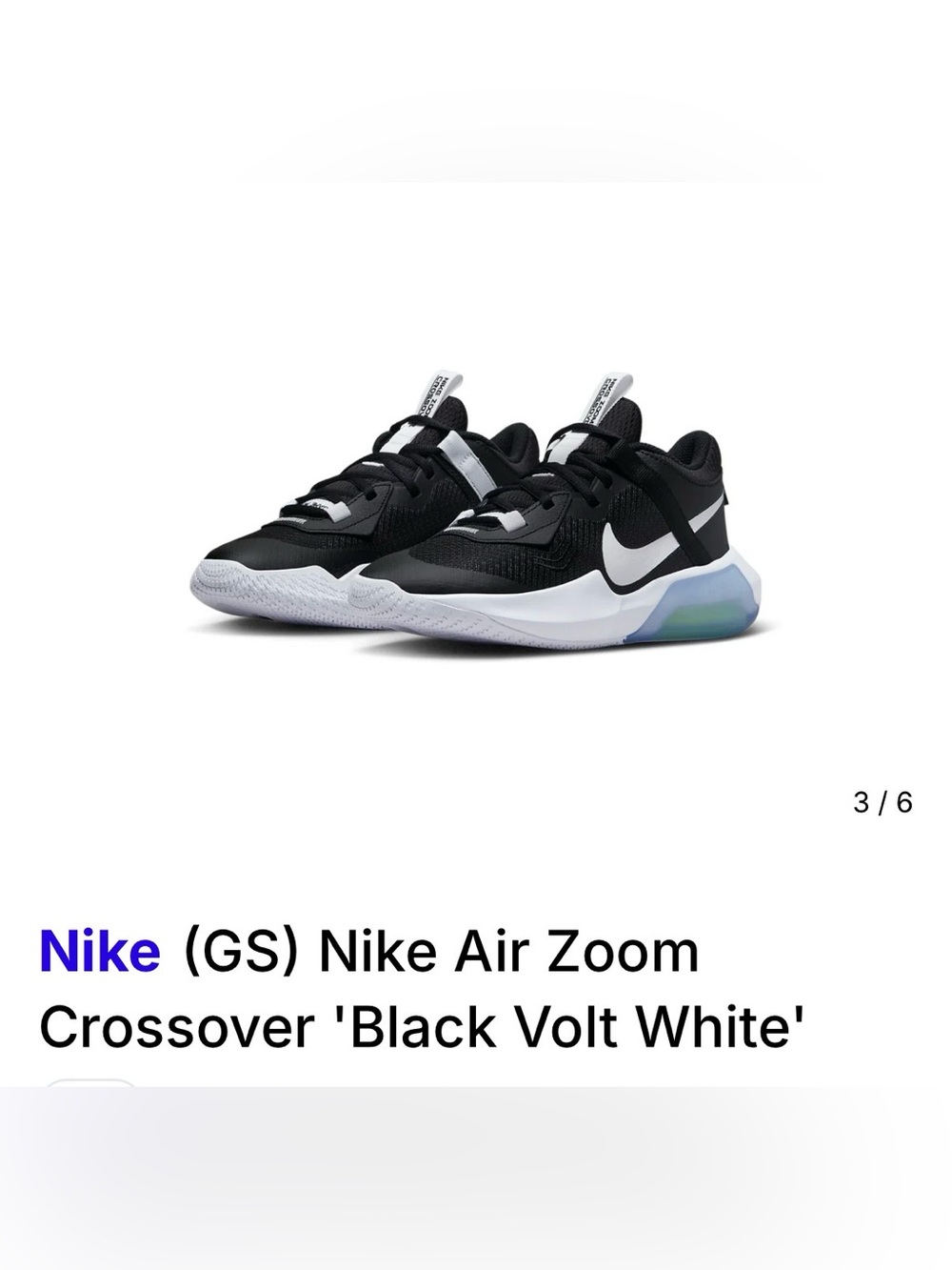 Kids Nike Air Zoom Crossover, specifically the "Black Volt White" colorway.